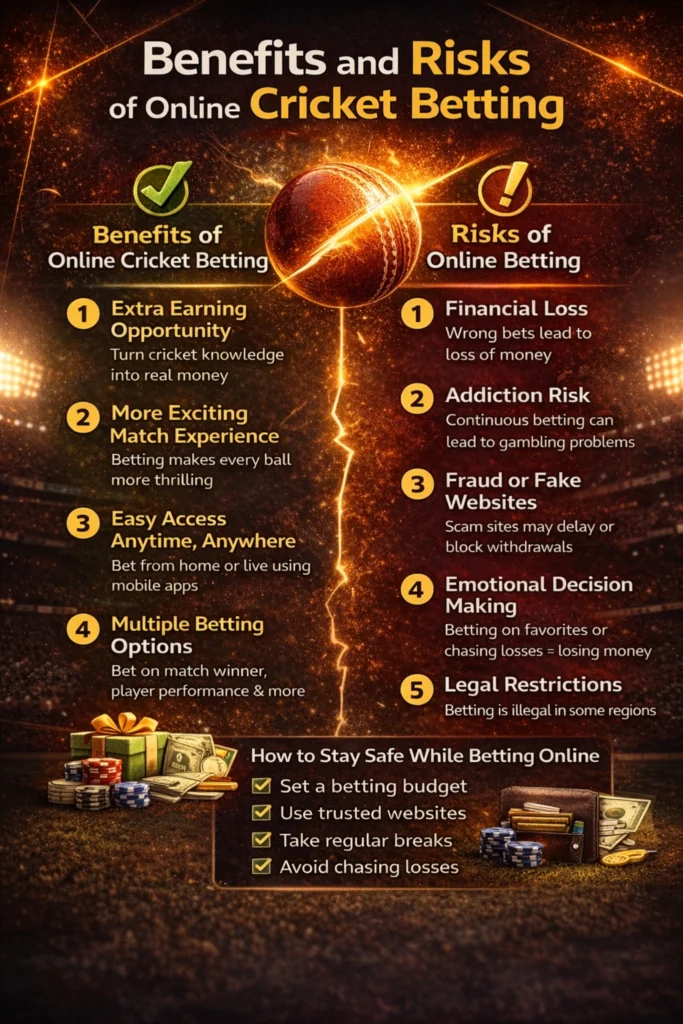 Benefits and risks of online cricket betting infographic showing advantages disadvantages and safe betting tips guide