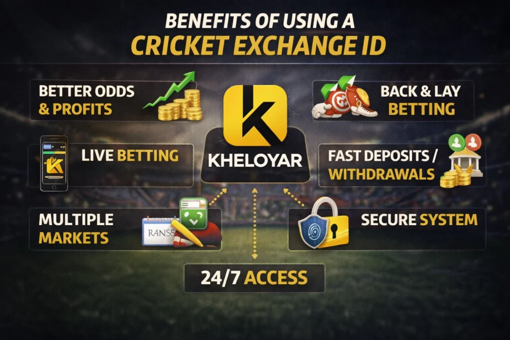 Kheloyar Cricket Exchange ID benefits infographic showing better odds, live betting, fast withdrawals and secure cricket betting platform