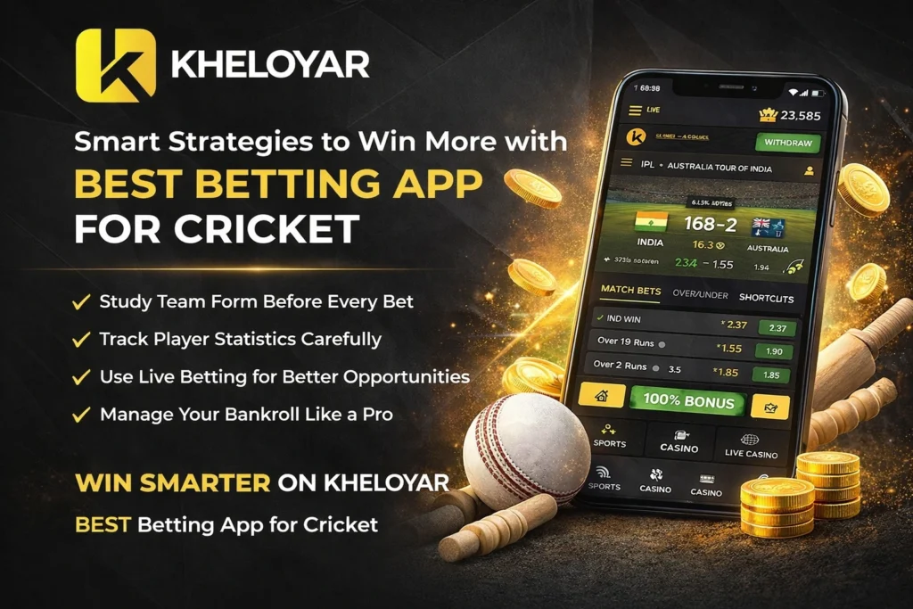 Kheloyar best betting app for cricket strategy banner showing live betting app interface and smart betting tips