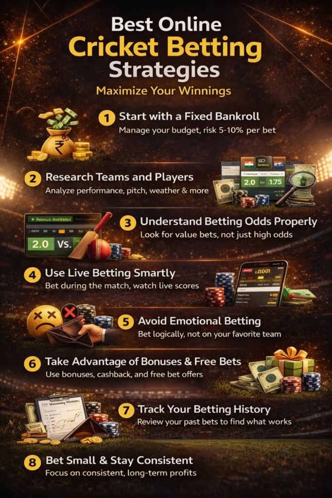 Best online cricket betting strategies infographic showing bankroll management live betting tips odds analysis and profit techniques