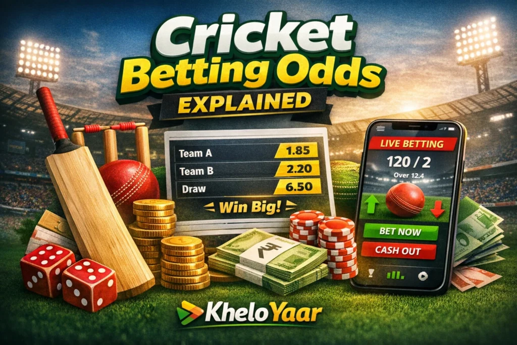 cricket betting odds explained with live betting example on KheloYaar platform
