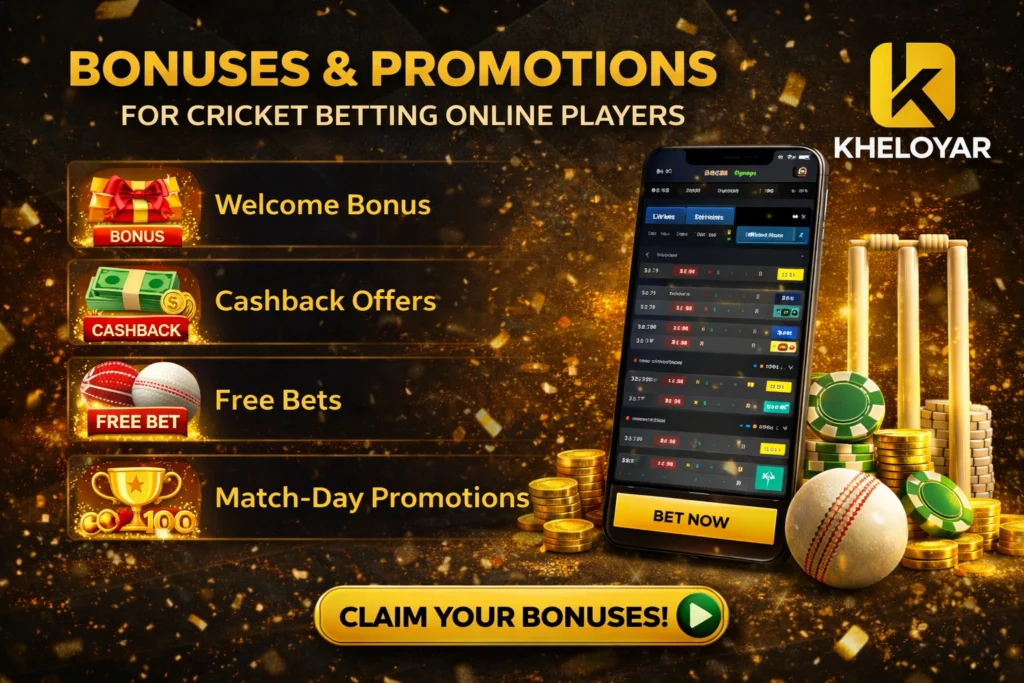 Kheloyar cricket betting online bonuses and promotions banner showing welcome bonus cashback free bets and betting app