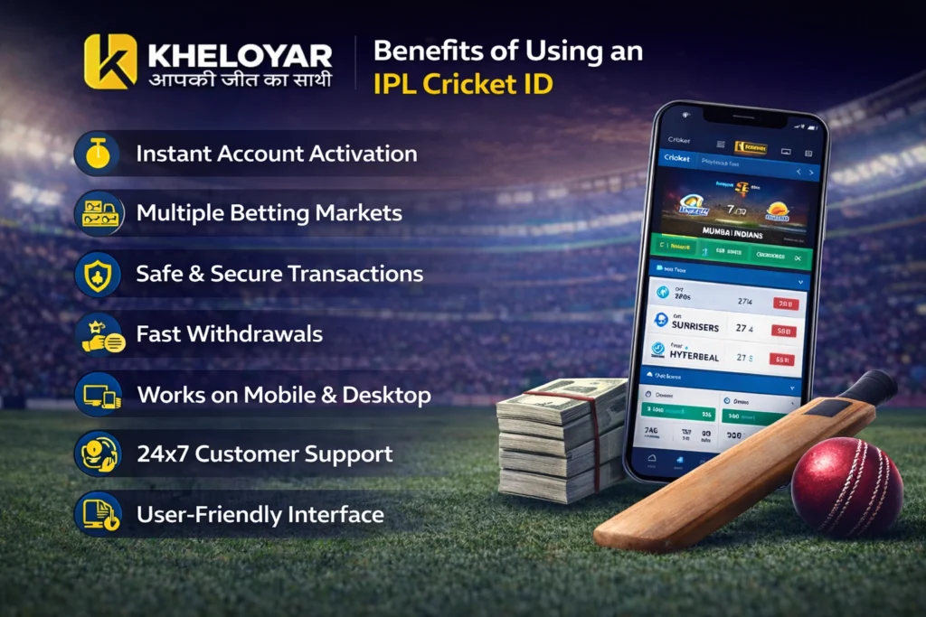 Benefits of IPL Cricket ID image showing KheloYaar logo, mobile betting app, instant activation, secure transactions, fast withdrawals and 24x7 support in cricket stadium