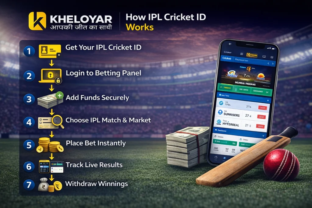 How IPL Cricket ID works image showing KheloYaar logo, step by step betting process, mobile betting app, deposit, place bet, live results and withdraw winnings