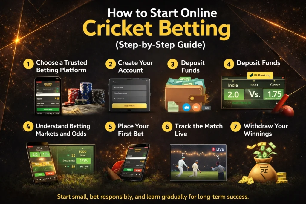 How to start online cricket betting step by step guide with betting app mobile phone cricket bat ball and live odds interface