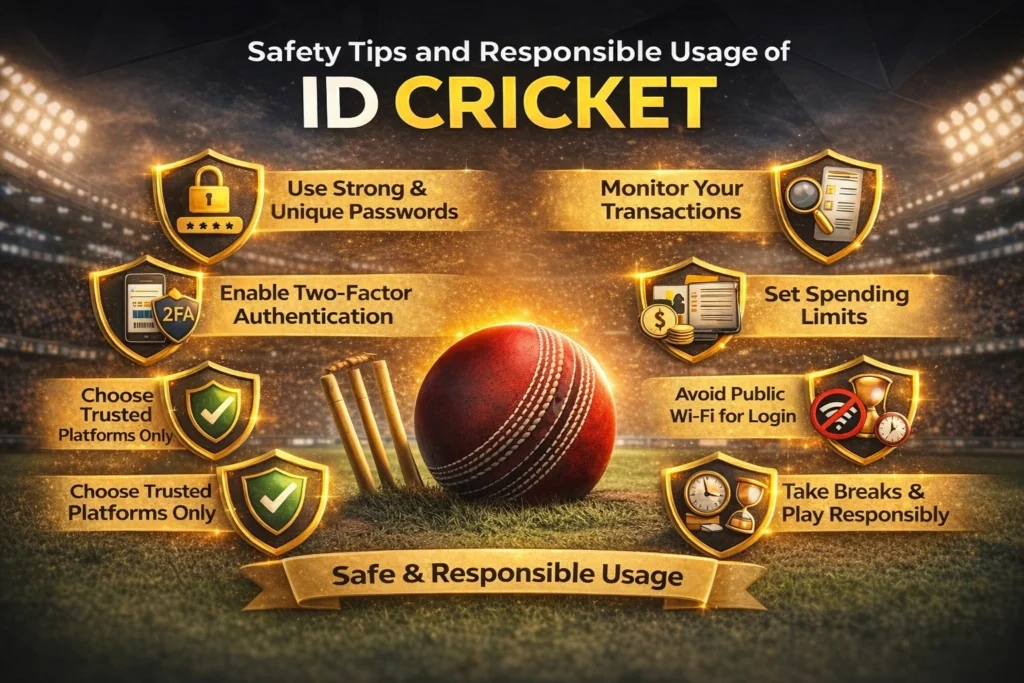 ID Cricket safety tips banner showing secure login, strong passwords and responsible usage guidelines