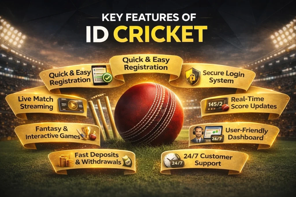 ID Cricket key features banner showing live streaming, fantasy games, secure login and fast deposits