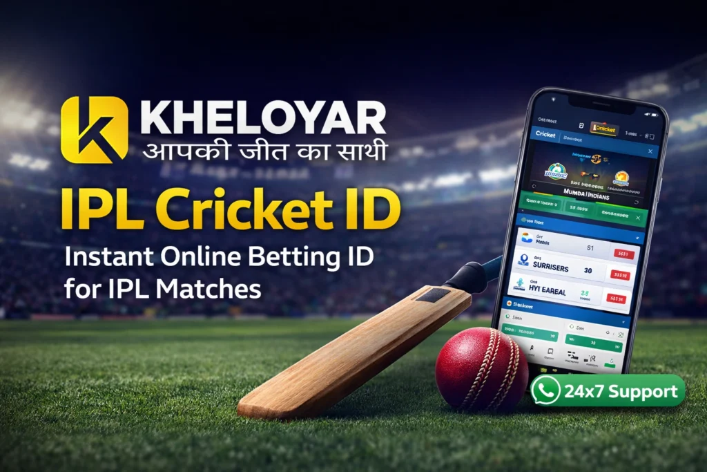 IPL Cricket ID promotional image showing KheloYaar logo, live cricket betting app on mobile, cricket bat and ball in stadium with 24x7 support