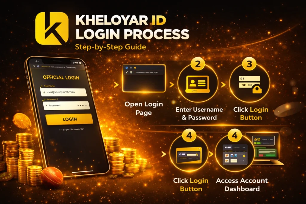 Kheloyar ID login process showing step-by-step guide to access account dashboard