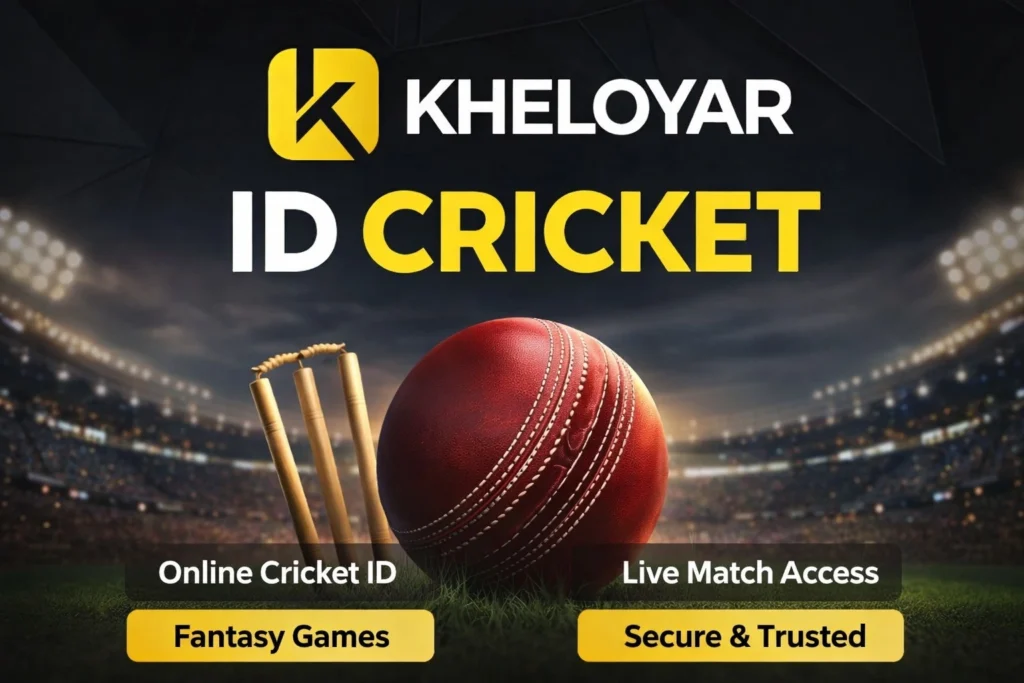 Kheloyar ID Cricket online platform logo with live cricket stadium background and fantasy games banner