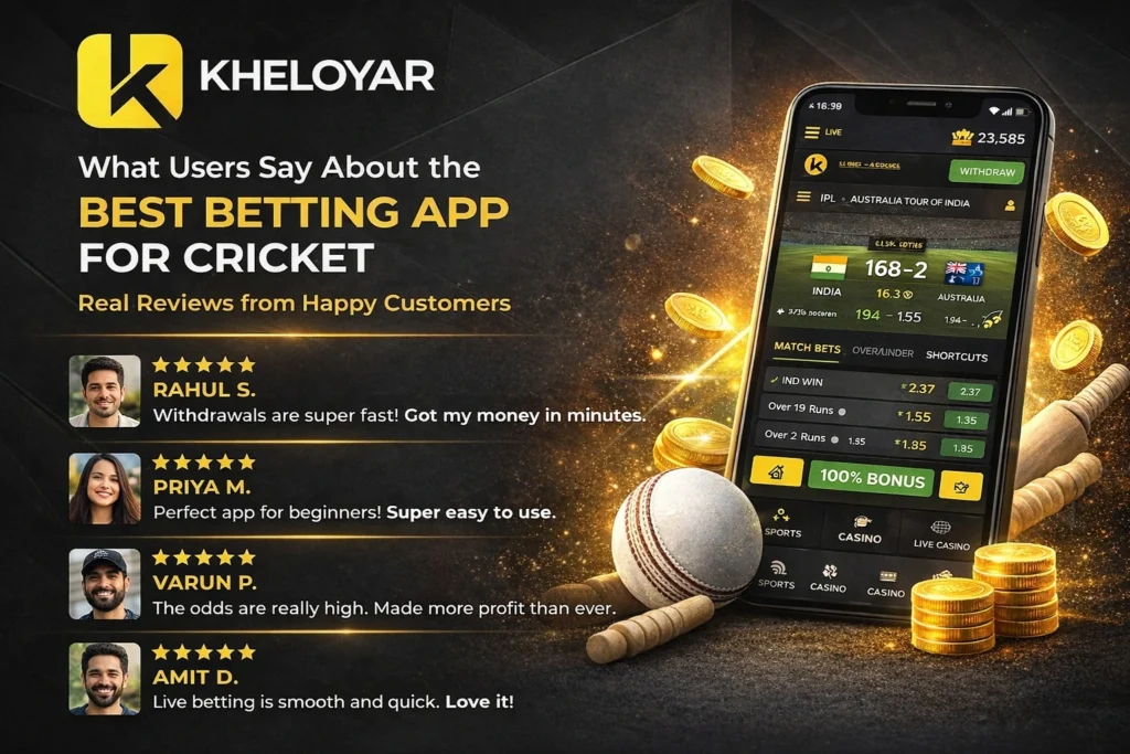 Kheloyar best betting app for cricket testimonials banner showing user reviews and live betting app interface