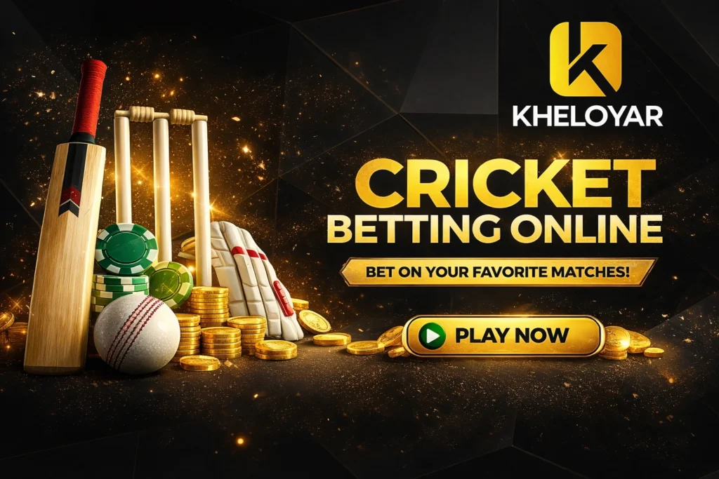 Kheloyar cricket betting online banner with cricket bat, ball, casino chips and play now button