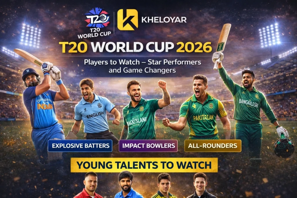 T20 World Cup 2026 players to watch banner showing top cricket stars, stadium background and KheloYaar logo