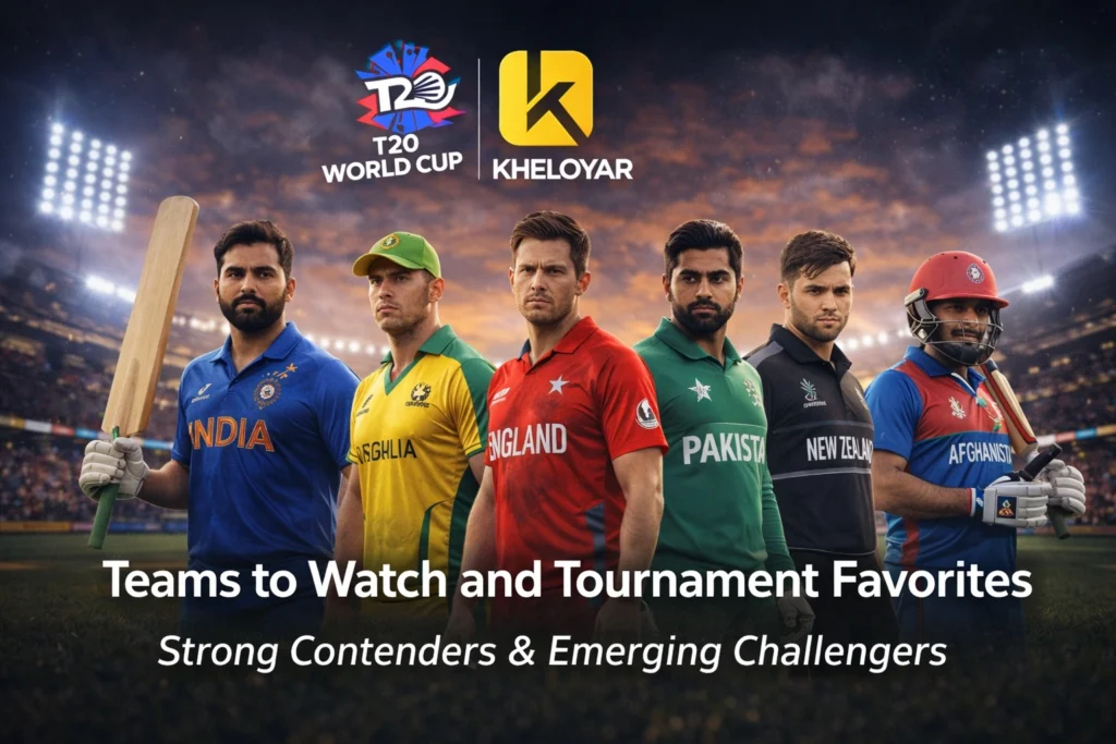 T20 World Cup 2026 teams to watch banner featuring top cricket teams, stadium background and KheloYaar logo