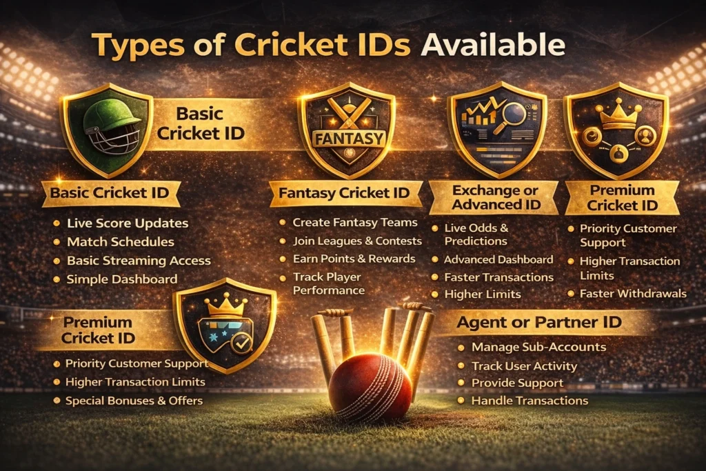 Types of Cricket IDs infographic showing basic, fantasy, exchange, premium and partner cricket ID options