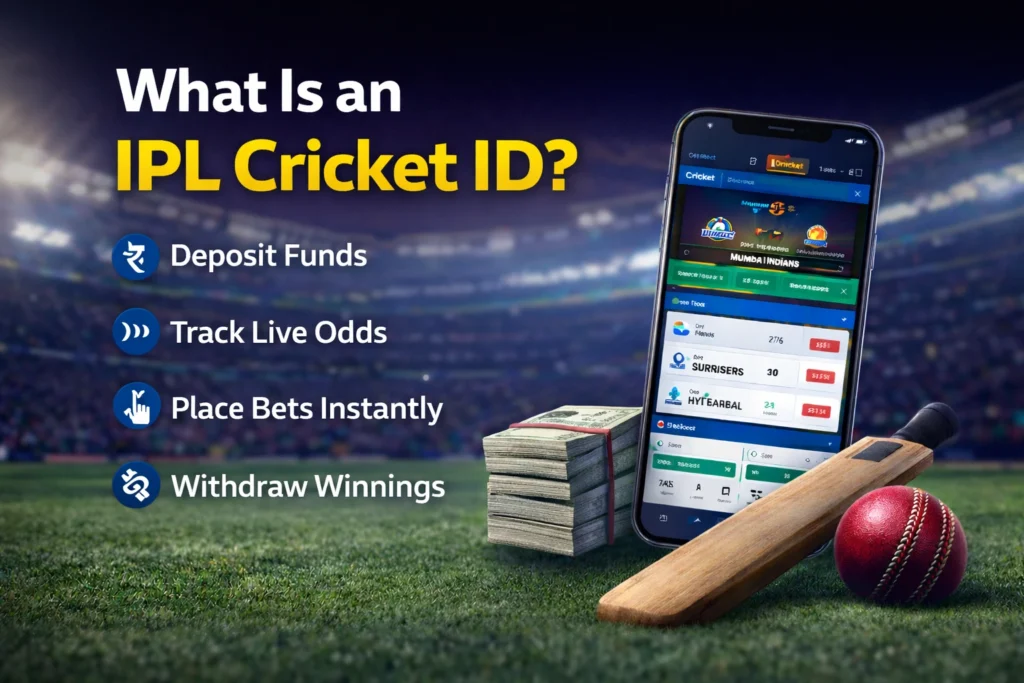What is IPL Cricket ID image showing KheloYaar logo, mobile betting app screen, deposit, live odds, instant betting and withdrawal features in cricket stadium