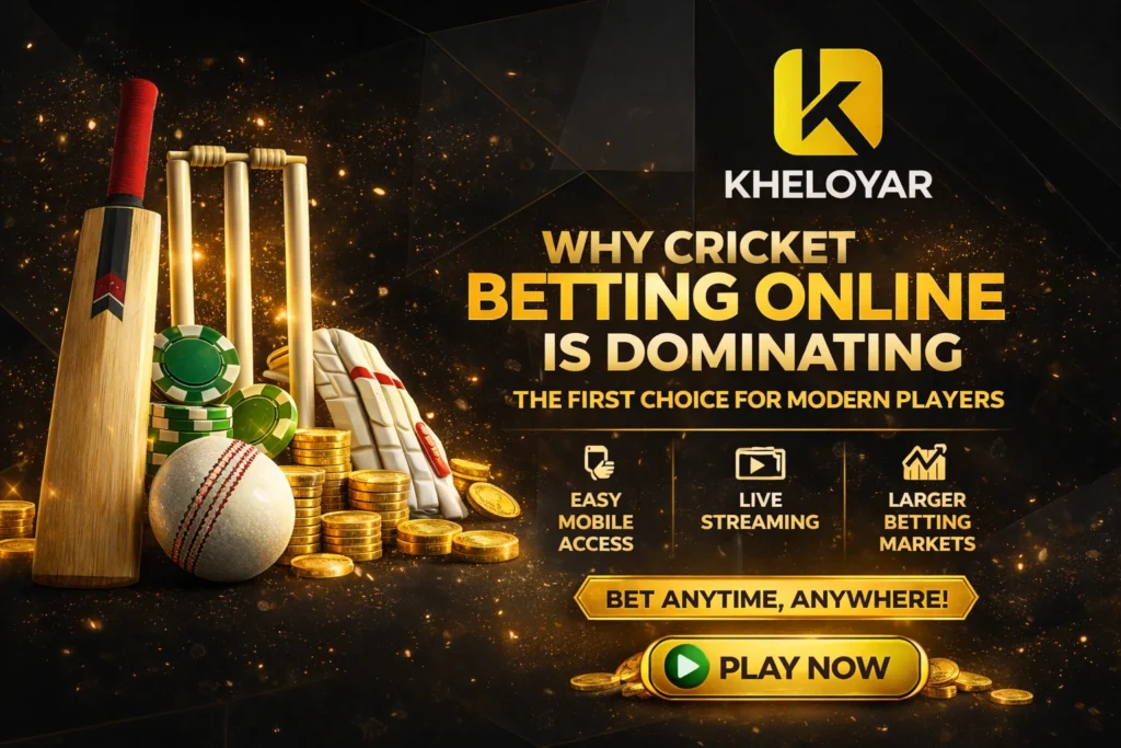 Kheloyar cricket betting online banner showing bat, ball, betting chips and sportsbook play now button