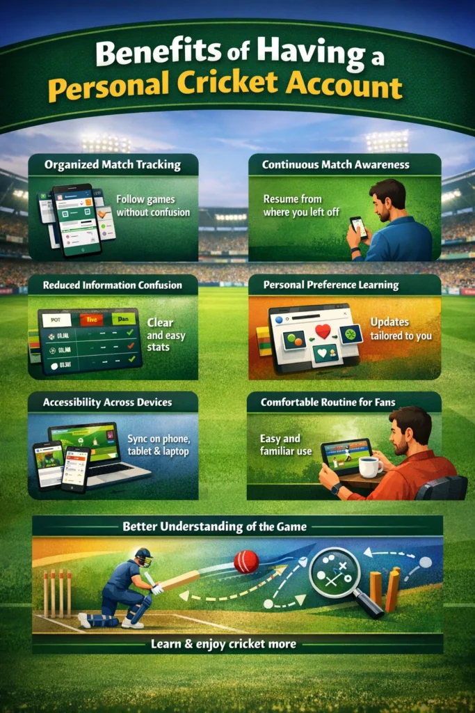 Benefits of having a personal cricket account infographic showing match tracking updates and multi device access