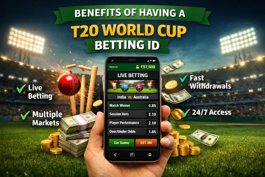 Benefits of T20 World Cup betting ID showing live cricket betting app, stadium background, and online cricket betting features