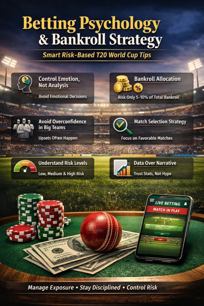 Betting Psychology and Bankroll Strategy infographic for T20 World Cup Tips