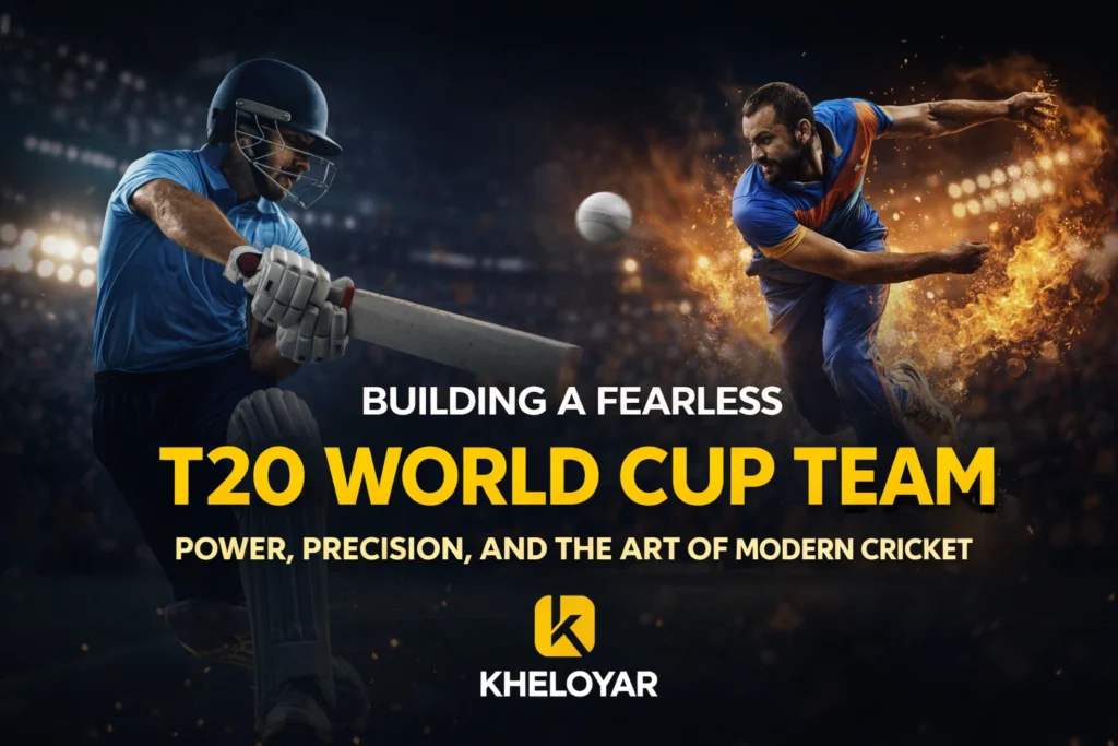 Building a Fearless T20 World Cup Team modern cricket strategy banner with Kheloyar logo