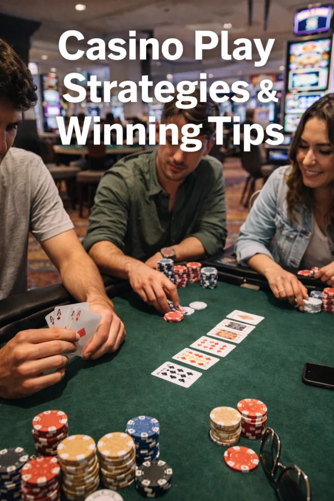Casino Play Strategies and Winning Tips infographic showing bankroll management, bonus usage, game understanding and loss limits