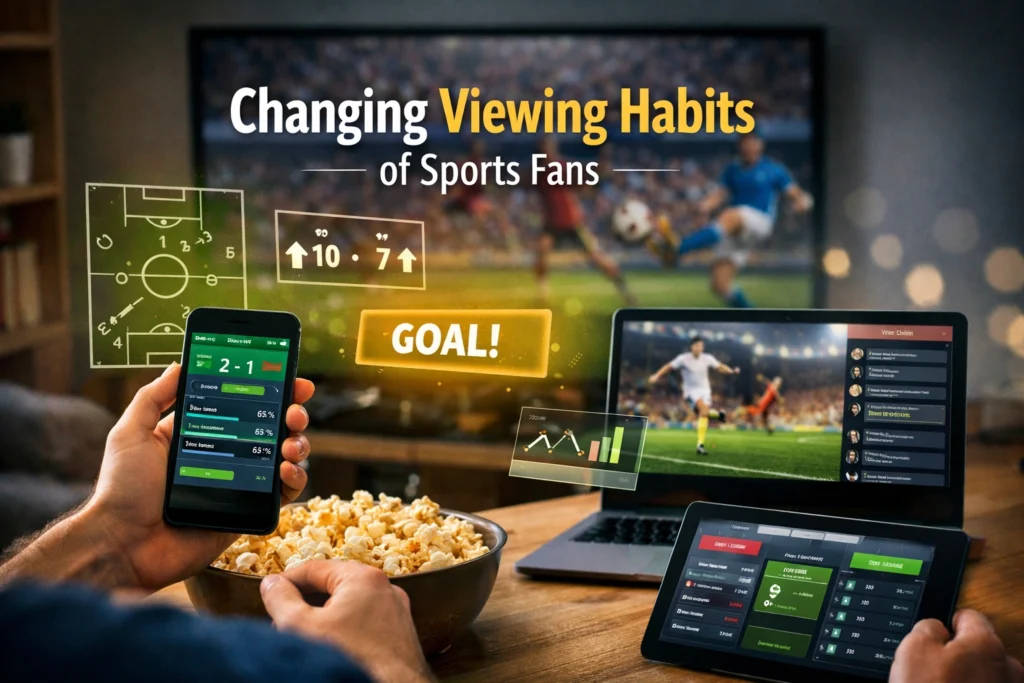 Sports fans watching live match on multiple devices with real time stats and updates
