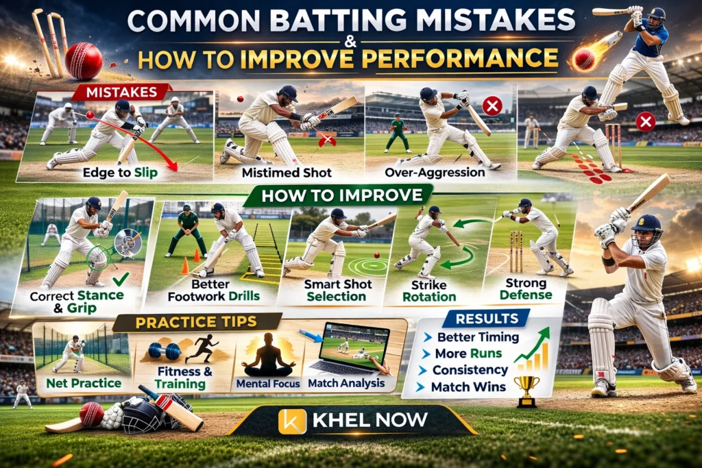 Common cricket batting mistakes and improvement techniques infographic”