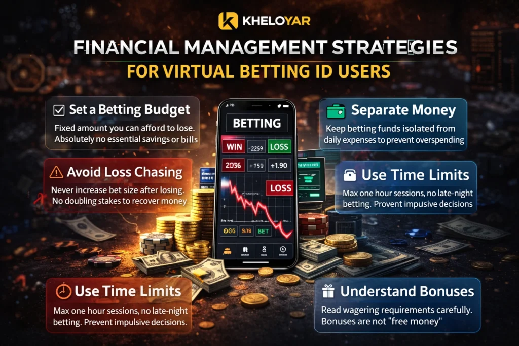 Financial Management Strategies for Virtual Betting ID Users featuring budgeting tips, loss prevention advice, time limits, and responsible betting guidance with Kheloyar branding.