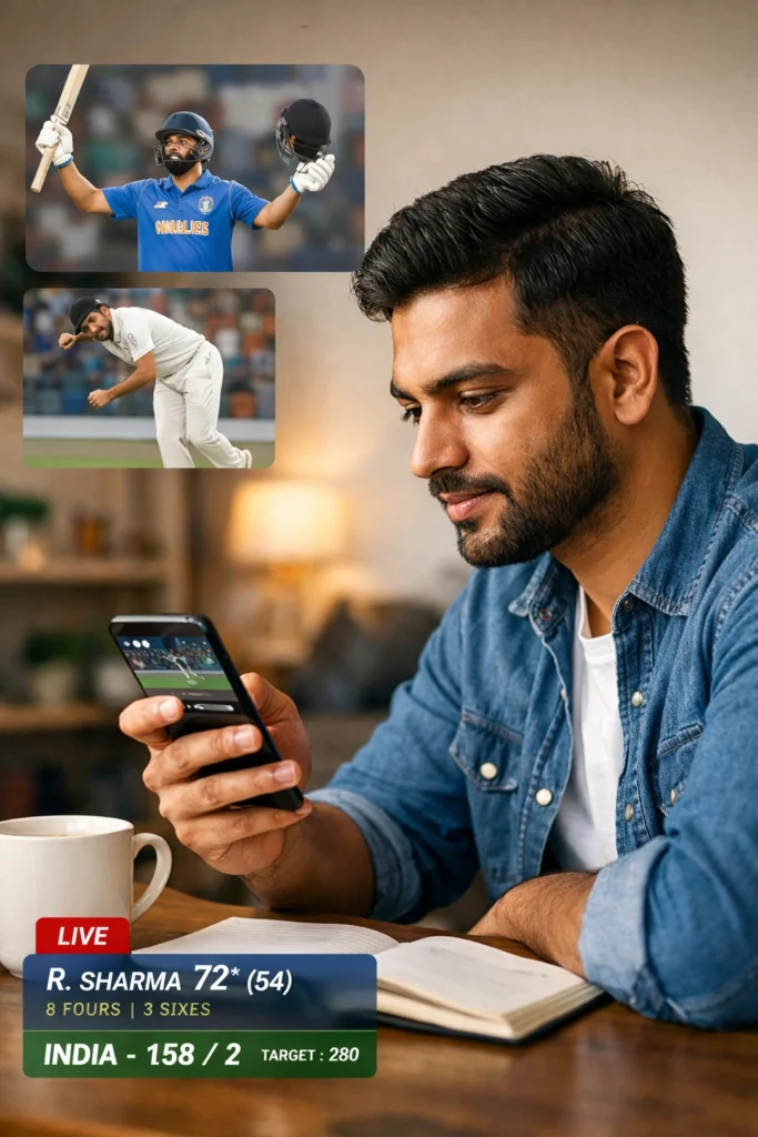 Fan watching cricket players performance live on mobile phone