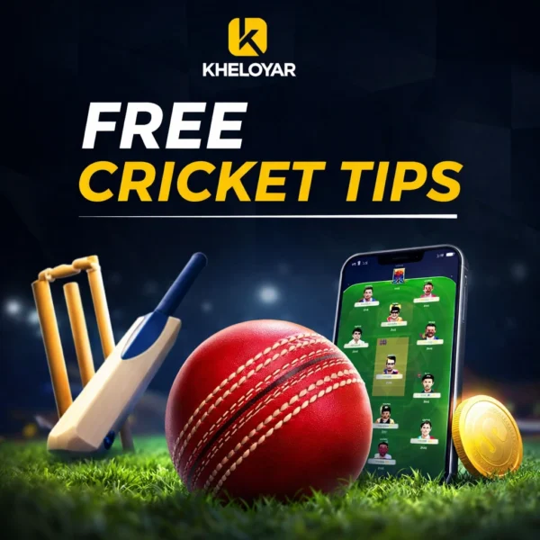 Free cricket tips banner with cricket bat, ball, stumps and fantasy cricket match prediction theme
