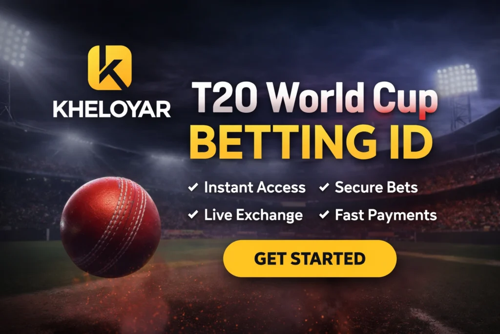 T20 World Cup Betting ID banner by Kheloyar showing cricket stadium, ball, and online cricket betting promotion