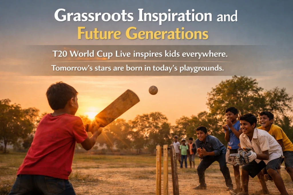 Children playing cricket in an open field at sunset symbolizing grassroots inspiration and future generations in T20 World Cup Live