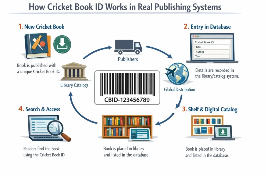 Infographic explaining how Cricket Book ID works in real publishing systems from publishing to reader access