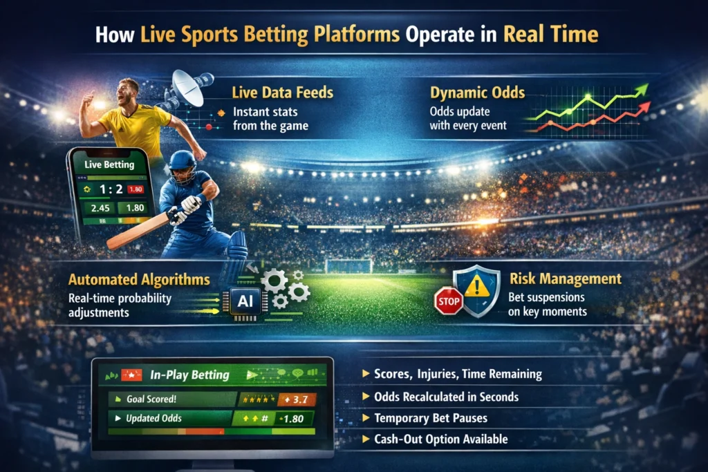 Infographic explaining how live sports betting platforms operate in real time with dynamic odds and data flow 