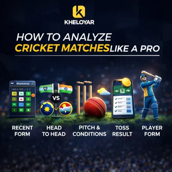 How to analyze cricket matches like a pro guide showing recent form head to head pitch conditions toss result and player form tips banner