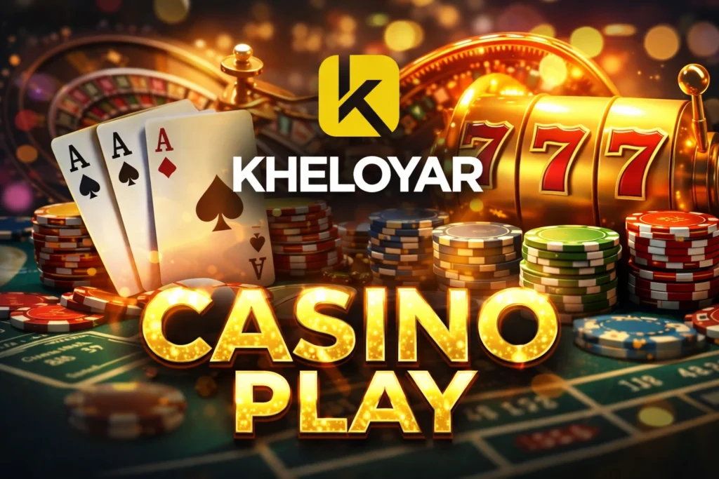 Kheloyar Casino Play online banner with logo, slot machine, poker chips and playing cards