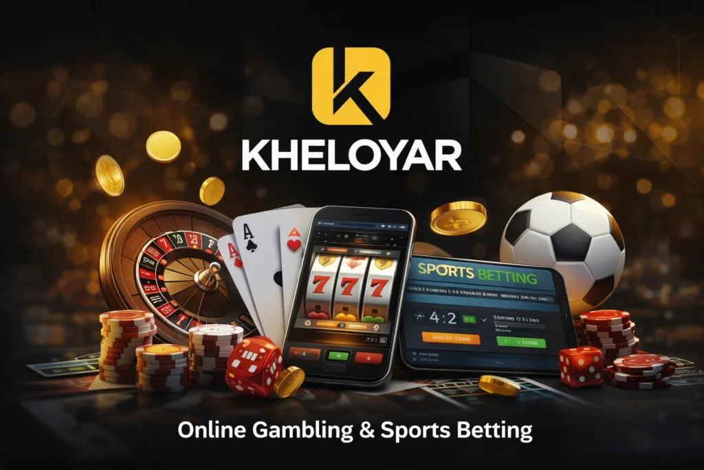 Kheloyar online gambling platform banner with casino games, slots, poker chips and sports betting app