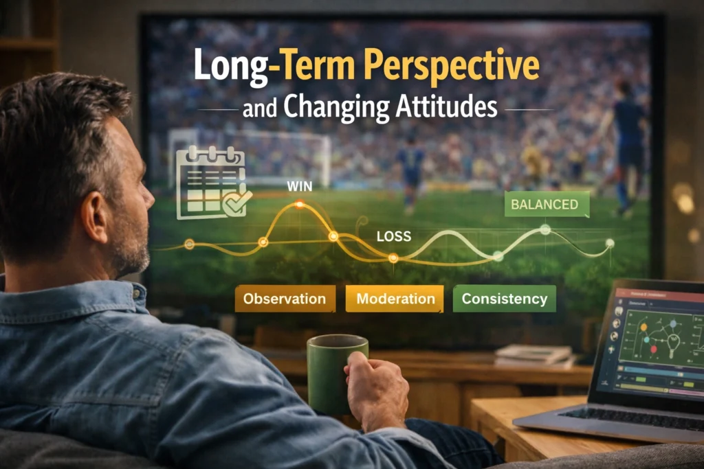 Person calmly watching sports match with performance graph showing long term balance and consistency