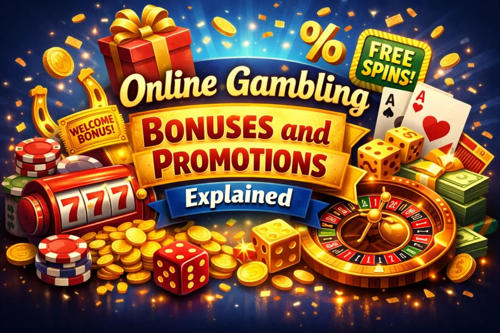 Online gambling bonuses and promotions banner showing free spins, welcome bonus, cashback offers and casino rewards