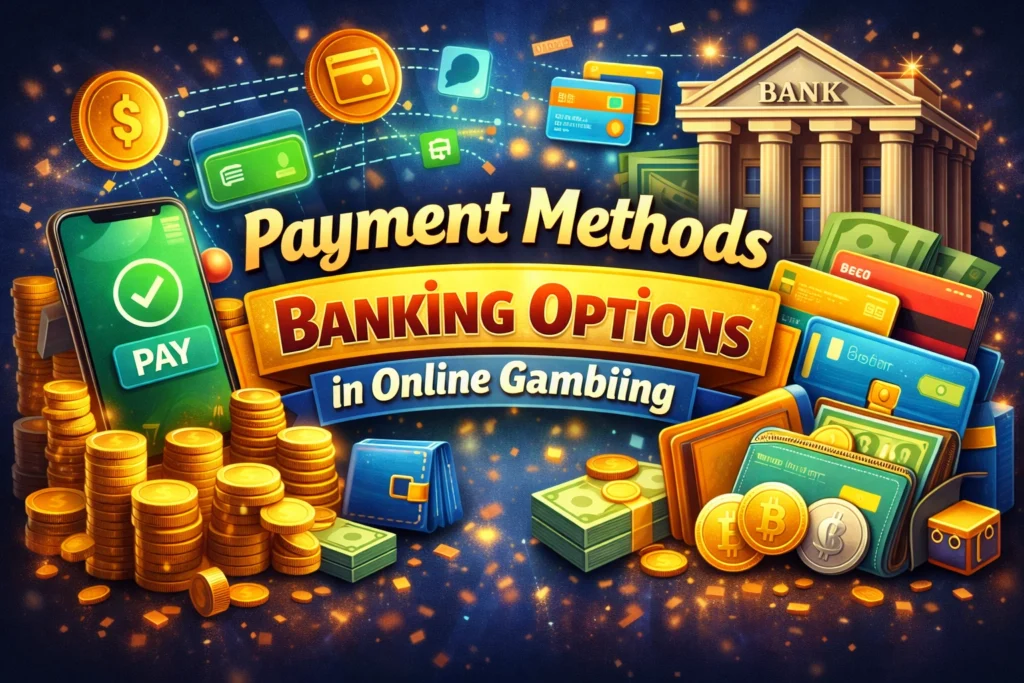 Online gambling payment methods showing secure deposits, withdrawals, mobile wallets, cards and crypto banking options