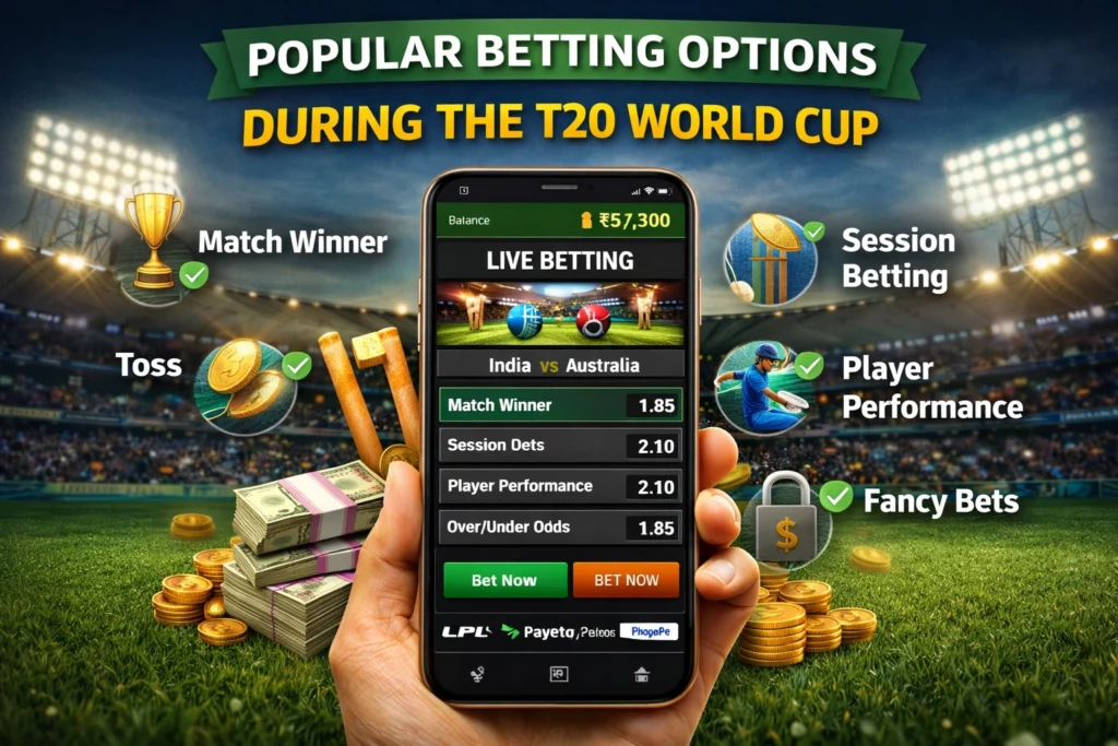 Popular betting options during T20 World Cup showing live cricket betting app, match winner, session betting, and cricket betting exchange markets