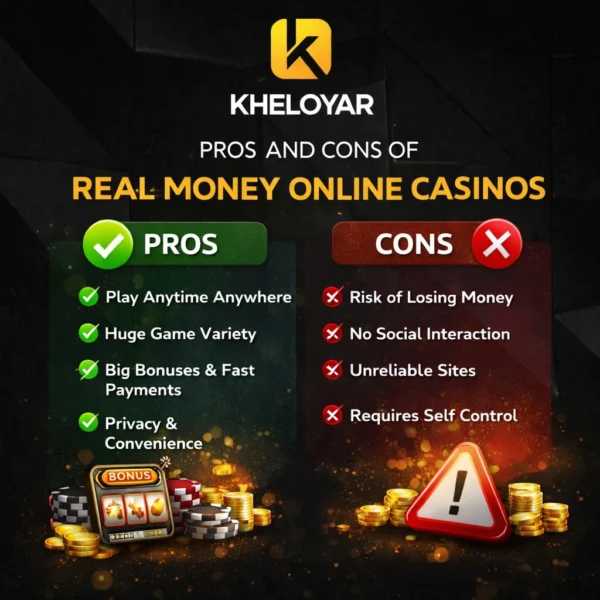 Pros and cons of real money online casinos banner showing benefits and risks with casino chips and coins