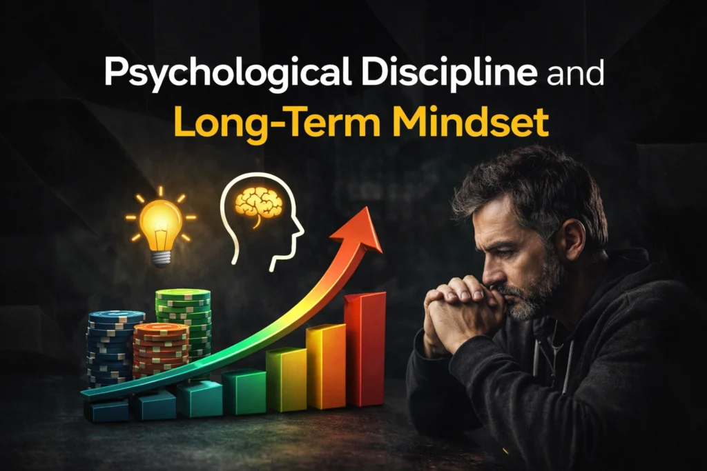 Psychological discipline and long-term mindset concept for betting strategy with growth chart and focus theme