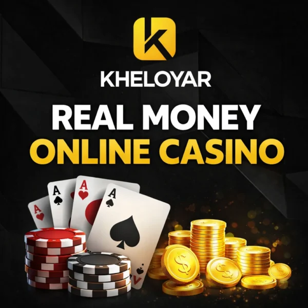 Real Money Online Casino banner with Kheloyar logo, poker chips, cards and gold coins