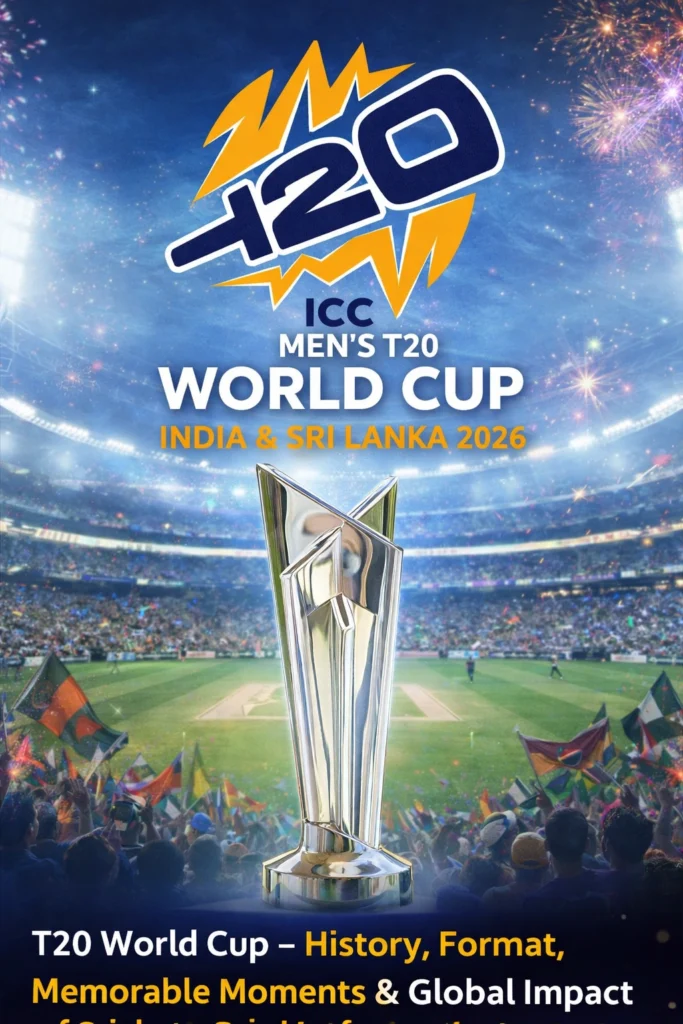 ICC Men's T20 World Cup 2026 trophy poster with cricket stadium crowd, fireworks, and India and Sri Lanka host nations