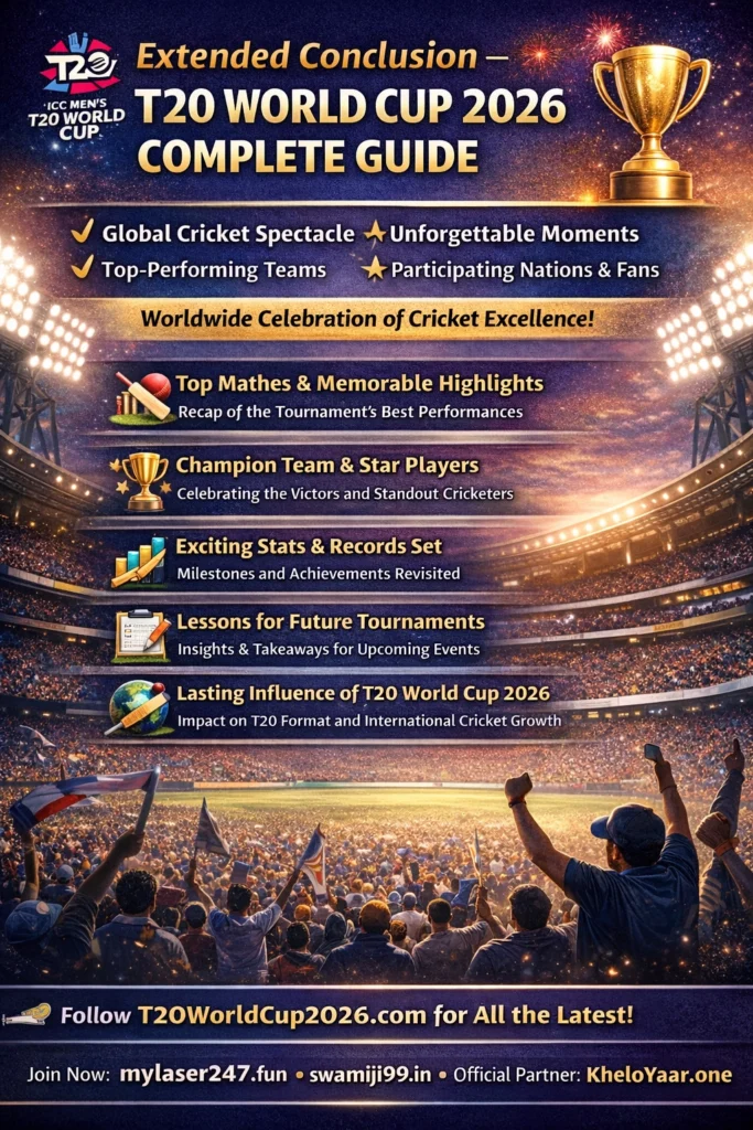 T20 World Cup 2026 extended conclusion infographic showing tournament highlights, champion team, star players and global cricket celebration
