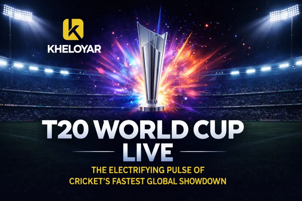 T20 World Cup Live promotional banner with Kheloyar logo and cricket stadium background