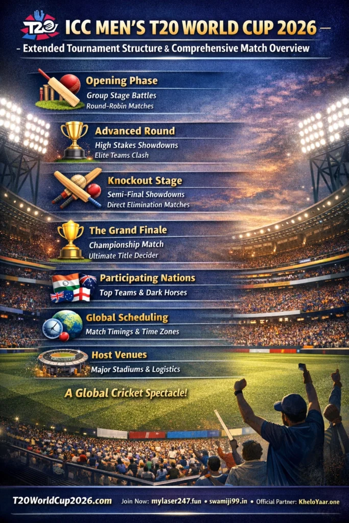 T20 World Cup Schedule 2026 infographic showing extended tournament structure, group stage, knockout stage, final match and host venues overview