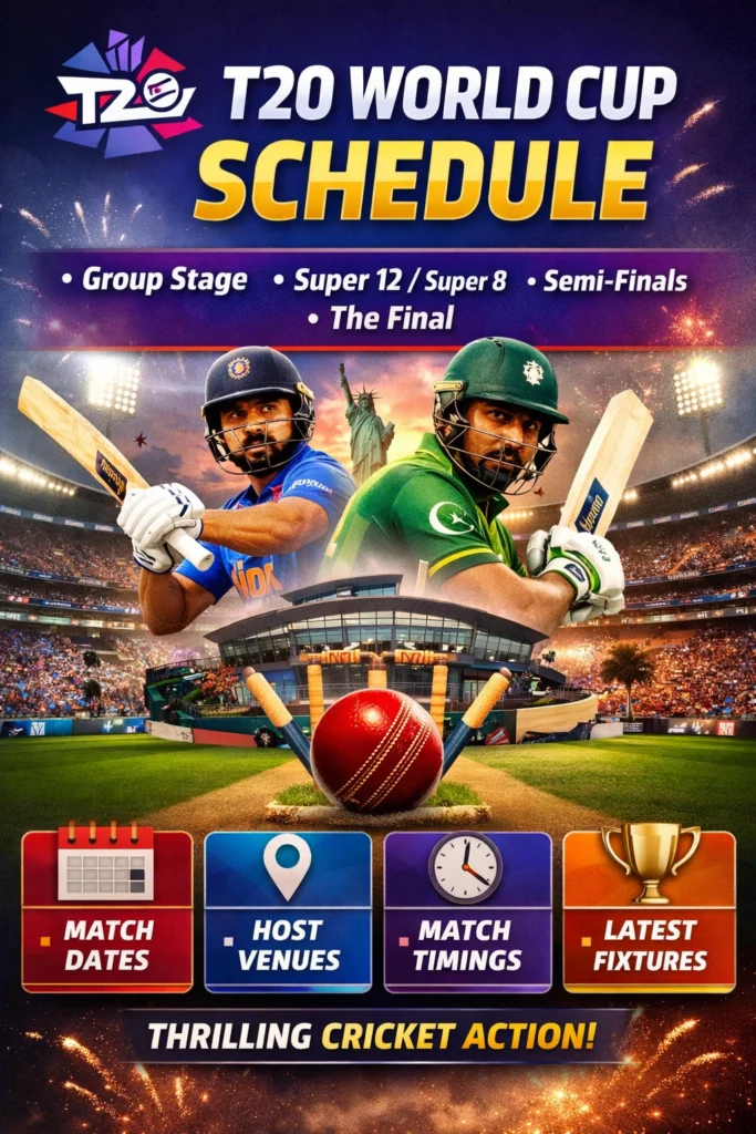 T20 World Cup Schedule 2026 poster showing group stage, Super 8, semi-finals, final, match dates, venues and timings
